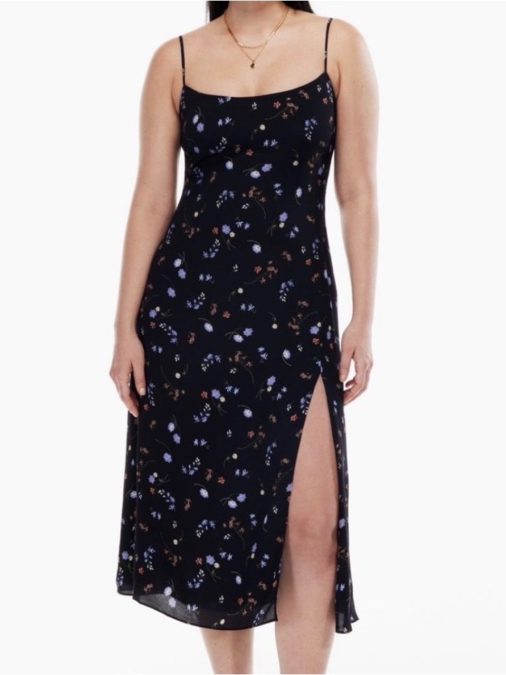 Aritzia Wilfred Floral Slip Midi Dress in Navy with Side Slit